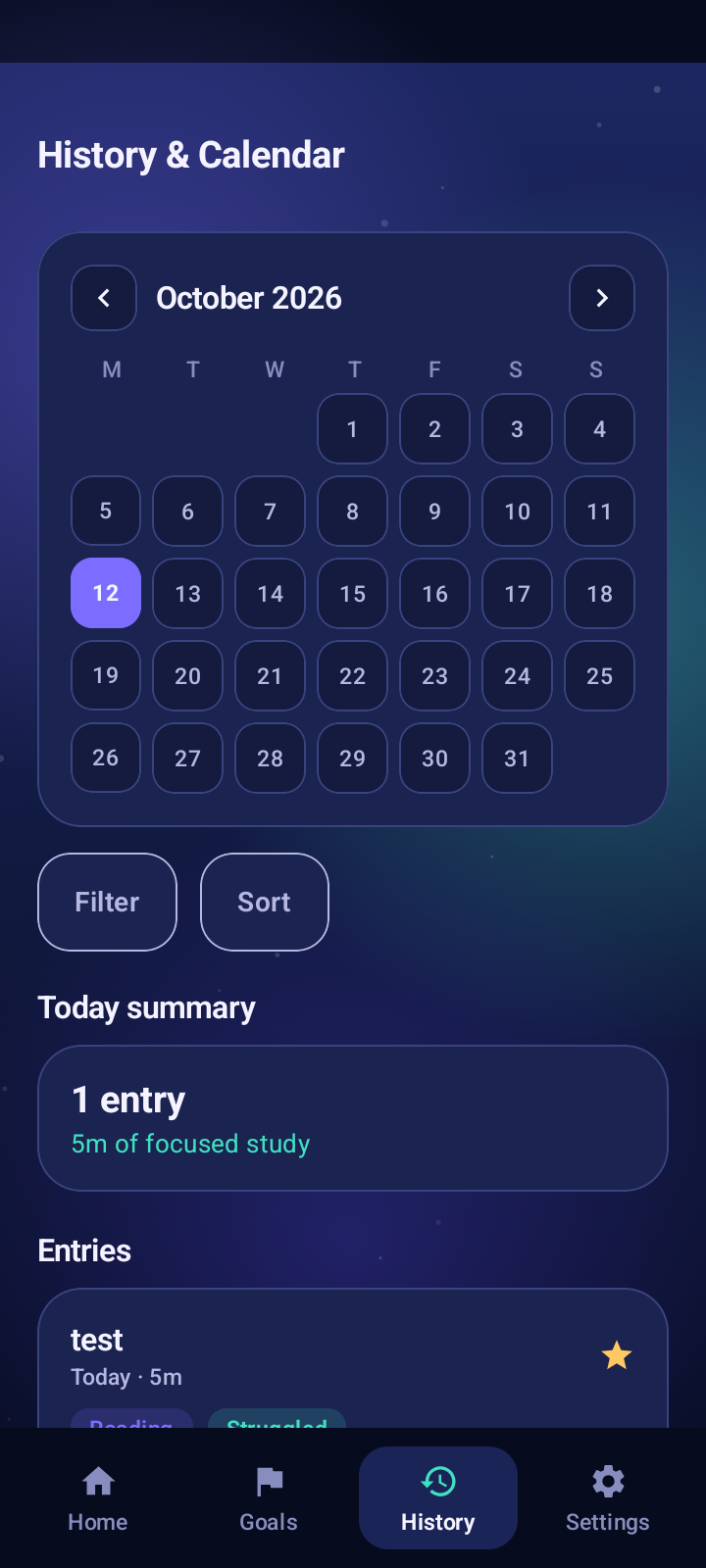 EduLog Notebook history and calendar screen